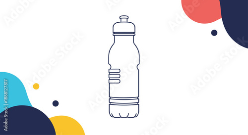 Sports water bottle icon on a white background with colorful abstract shapes represents hydration, fitness, and an active lifestyle.