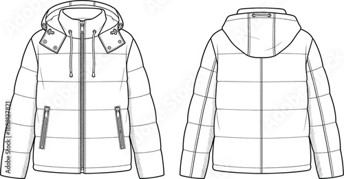 Technical fashion flat sketch of hooded puffer jacket showing front and back views, detailed winter outerwear design illustration for apparel production, clothing pattern, and garment development