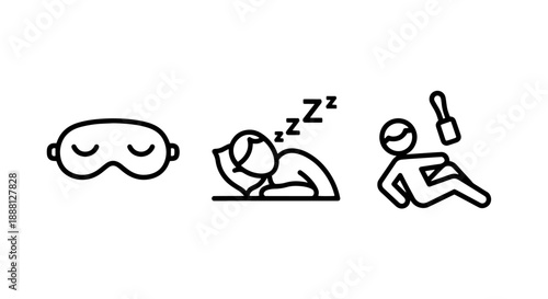 Line icons illustrating sleep and relaxation: a sleep mask, a person sleeping soundly, and someone resting with a bottle.