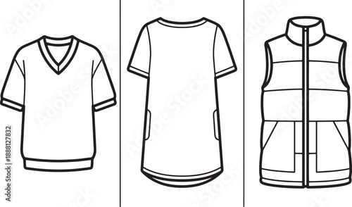 Set of men's clothing flat technical sketches: short sleeve t-shirt, long t-shirt, and puffer vest