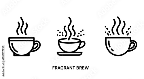Fragrant hot coffee or tea in cups, depicted as simple line icons with steam rising.