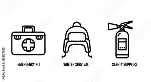 Icons for winter preparedness: an emergency kit, a warm ushanka hat, and a fire extinguisher for safety.