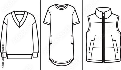 Set of men's clothing flat technical sketches: sweater, long t-shirt, and puffer vest