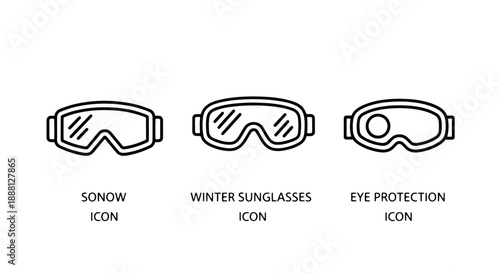 Line icons for eye protection: different styles of ski goggles and sunglasses for winter sports and outdoor activities.