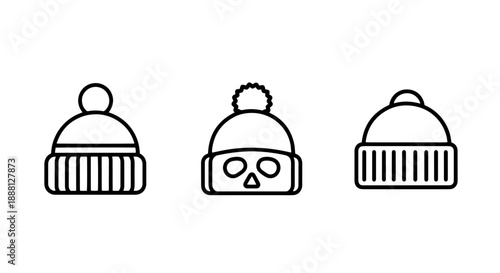 Fun outline icons of winter hats, including beanies with pom-poms and one with a graphic face design.