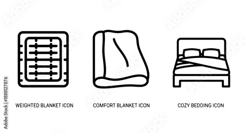 Icons depicting items for cozy comfort: a weighted blanket, a folded comfort blanket, and a bed with pillows.