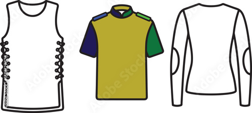 Set of minimalist apparel line icons featuring tank top polo shirt and long sleeve jersey