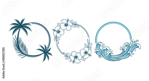 Collection of three circular tropical frames featuring palm trees, hibiscus, and crashing ocean waves in a monochrome blue ink style.