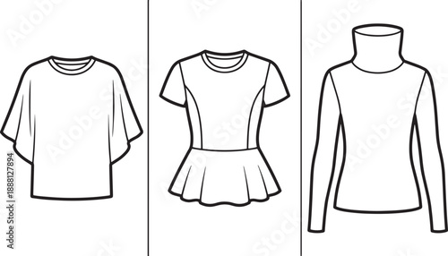 Set of women's fashion flat technical sketches: kimono sleeve t-shirt, t-shirt dress, and turtleneck