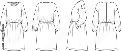 Line of a long sleeved dress from multiple angles long sleeves line fashion garment