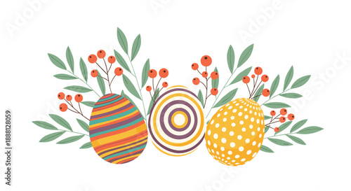 Three colorful decorated Easter eggs nestled among green leaves and red berries celebrate the joy and rebirth of the spring season.