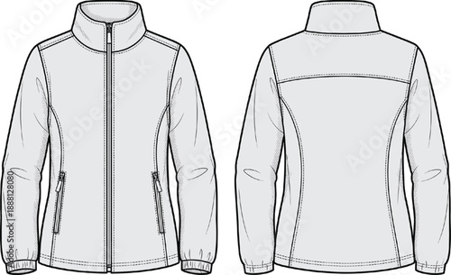 Technical jacket flat sketch front and back view, modern outerwear apparel design illustration, zippered lightweight sports jacket template for fashion production and manufacturing