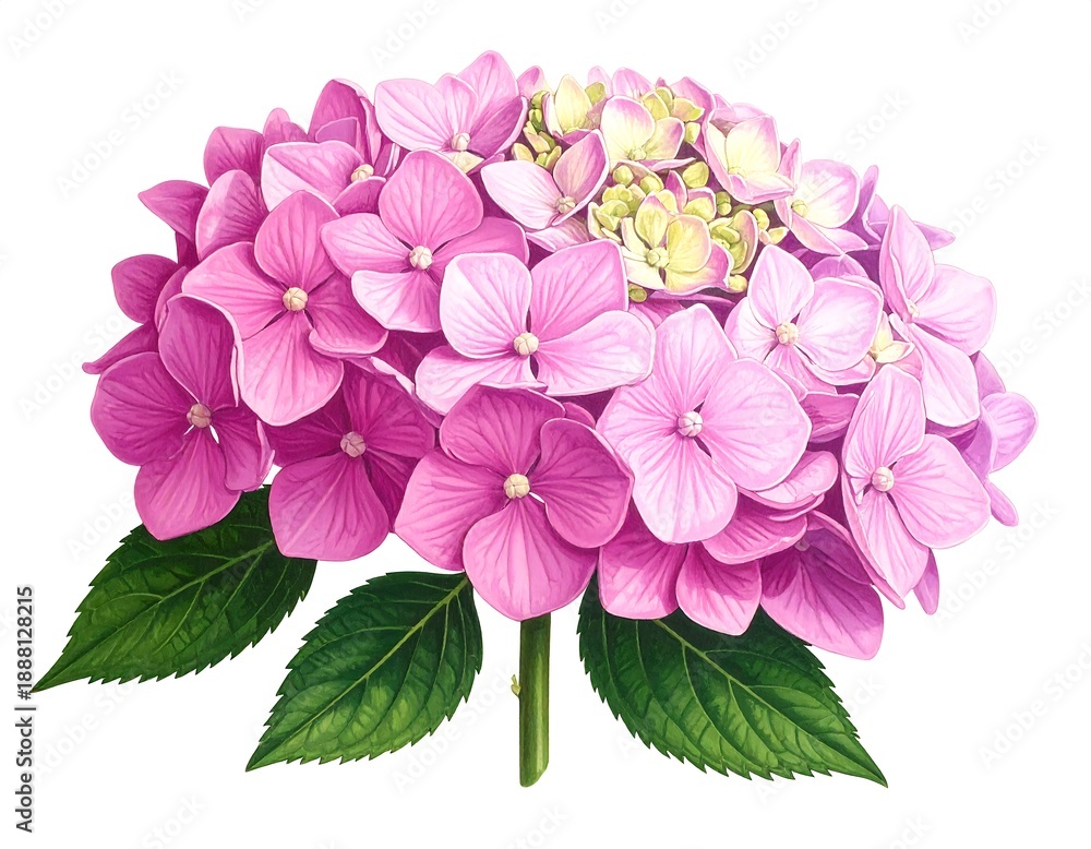 Fototapeta premium A close-up view of a vibrant pink hydrangea bloom and its fresh green leaves on a white background