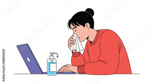 Young woman working on a laptop at a desk and using a tissue while a bottle of hand sanitizer sits nearby for health and hygiene.