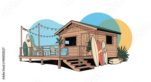 Charming wooden beach shack with colorful surfboards, deck chairs, and string lights on a sunny coastal and summer background.