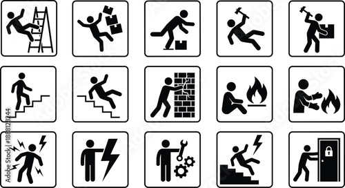 Workplace safety hazard pictogram icons set illustrating accident risks, warning signs, occupational health dangers, industrial safety symbols, and prevention concepts for training and 