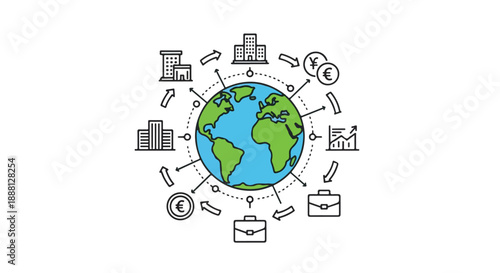 Earth Globe surrounded by international finance and global business line icons. Circular economy vector.
