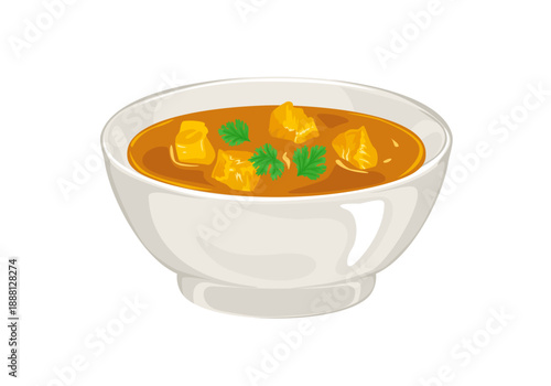 Chicken curry in bowl isolated on white background. Vector cartoon flat illustration. Food icon