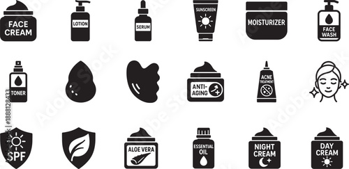 Skincare icon set featuring cosmetic bottles, cream, serum and beauty care elements in clean vector style.