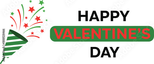 Happy Valentine's Day Celebration Typography with Party Poppers and Confetti, Modern Festive Lettering Design with Hearts and Stars Isolated on White.