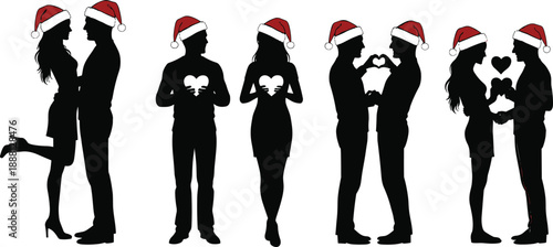 Silhouettes of couples and single people wearing Santa hats holding hearts
