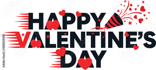 Happy Valentine's Day Typography with Red Hearts and Party Popper on White Background
