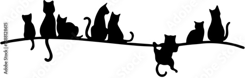 Silhouette Collection of Many Cats Sitting on a Line