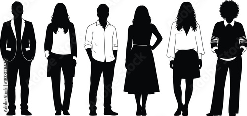 Six people silhouettes in various business casual outfits standing white background