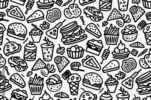 Black and white food on white background seamless pattern pizza