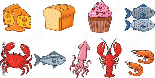 Cartoon seafood and food fish crab