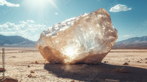 A solitary, crystalline tree stands out against an endless desert landscape under a scorching midday sun