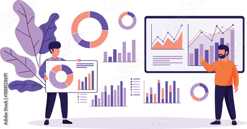 Two men presenting data on graphs and charts with purple and orange color scheme