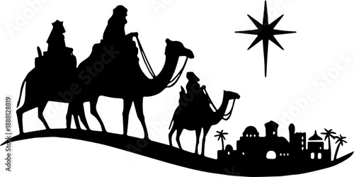 Silhouette of Three Wise Men Riding Camels Following the Star of Bethlehem