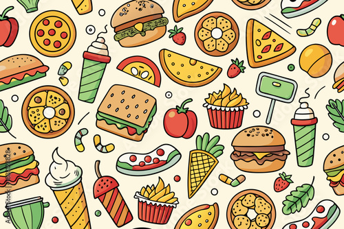 Colorful food seamless pattern with fast food on white background burgers pizza