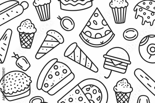 Food seamless pattern on white background black outlines bakery