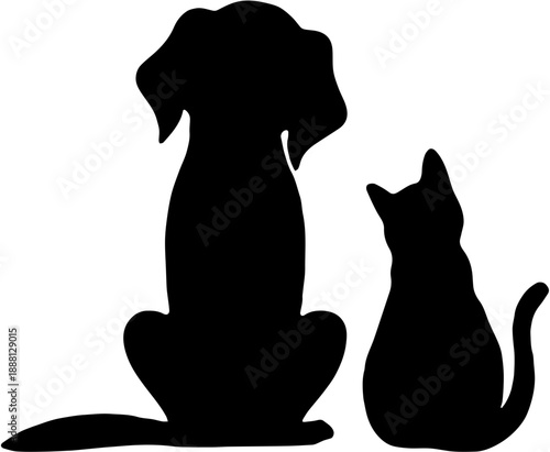 Dog and Cat Silhouette Sitting Together Side by Side