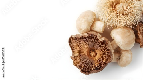 Dried adaptogenic mushrooms reishi and lion mane on white background