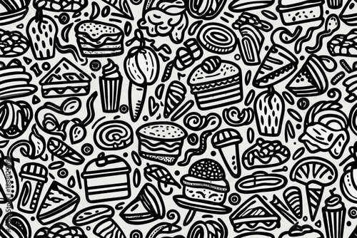 Food themed seamless pattern with black outlines on white background black and white doodle style restaurant