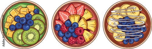Colorful cartoon bowls of fruit salad with kiwi blueberries pineapple and berries