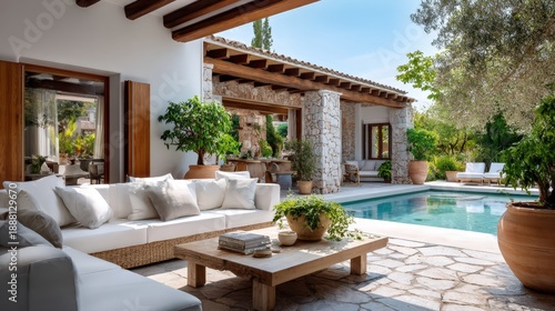 Luxury mediterranean villa featuring outdoor living area and pool