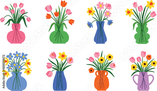 Colorful flower vases with tulips daffodils and other flowers bouquets
