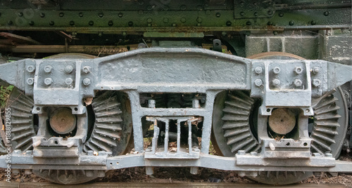 Wheels of vintage locomotive on siding in Cass, West Virginia