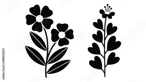 Simple black and white illustration of two different flowering plant stems with leaves and blossoms