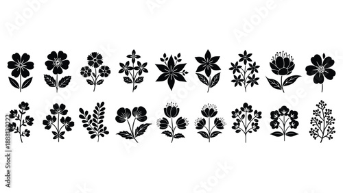 A collection of diverse black floral silhouettes arranged in two distinct horizontal rows exhibiting botanical designs