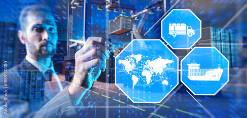Fotografía Global logistics coordination and digital supply chain planning as a specialist manages cargo transport routes by truck and ship using data interfaces at a port terminal