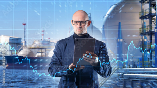 Energy market analysis and terminal operations as a specialist reviews performance charts on a tablet while LNG tanks and port infrastructure operate in the background.