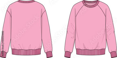 Pink Raglan Sweatshirt Technical Flat Sketch, Front and Back View Fleece Pullover CAD Drawing, Fashion Apparel Template Vector Illustration Asset