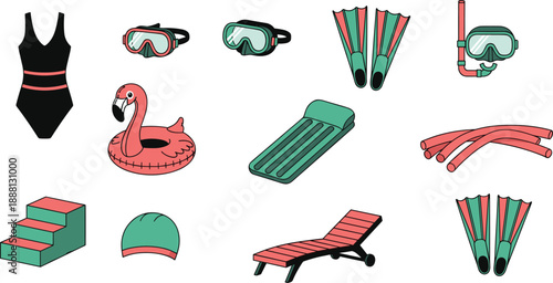 Swimming pool accessories and beach toys in green and pink