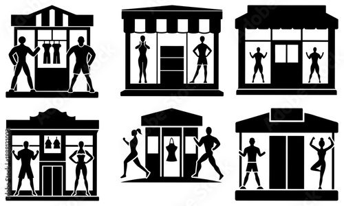 Six Black Silhouettes of People in Front of Storefronts on White Background