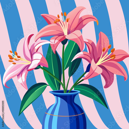 Vibrant pink lilies in blue vase
